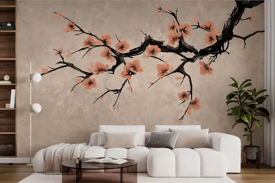 Fotobehang Tak met perzikbloesems op een gestructureerde achtergrond w05425v3