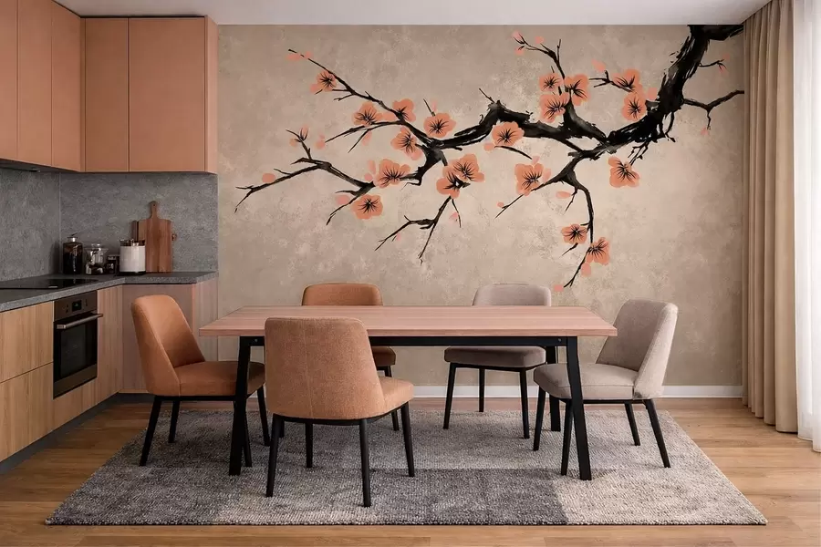 Fotobehang Tak met perzikbloesems op een gestructureerde achtergrond w05425v3