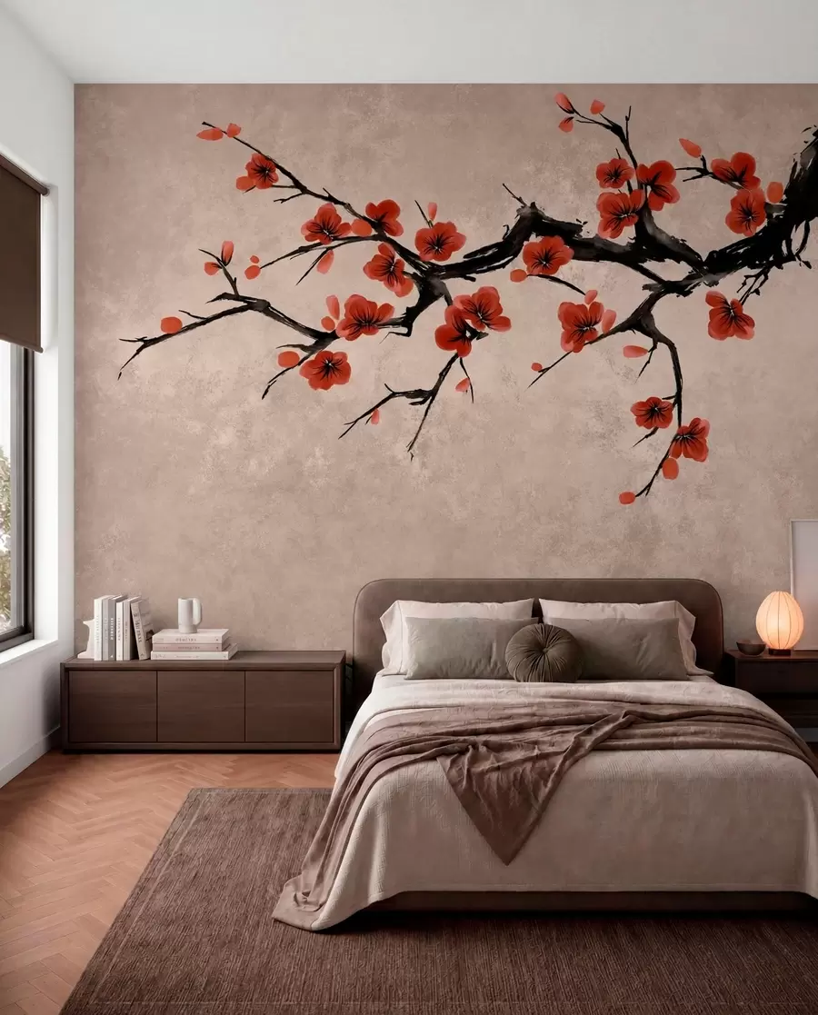 Fotobehang Bloesemtak in oosterse stijl op een beige achtergrond w05425v4
