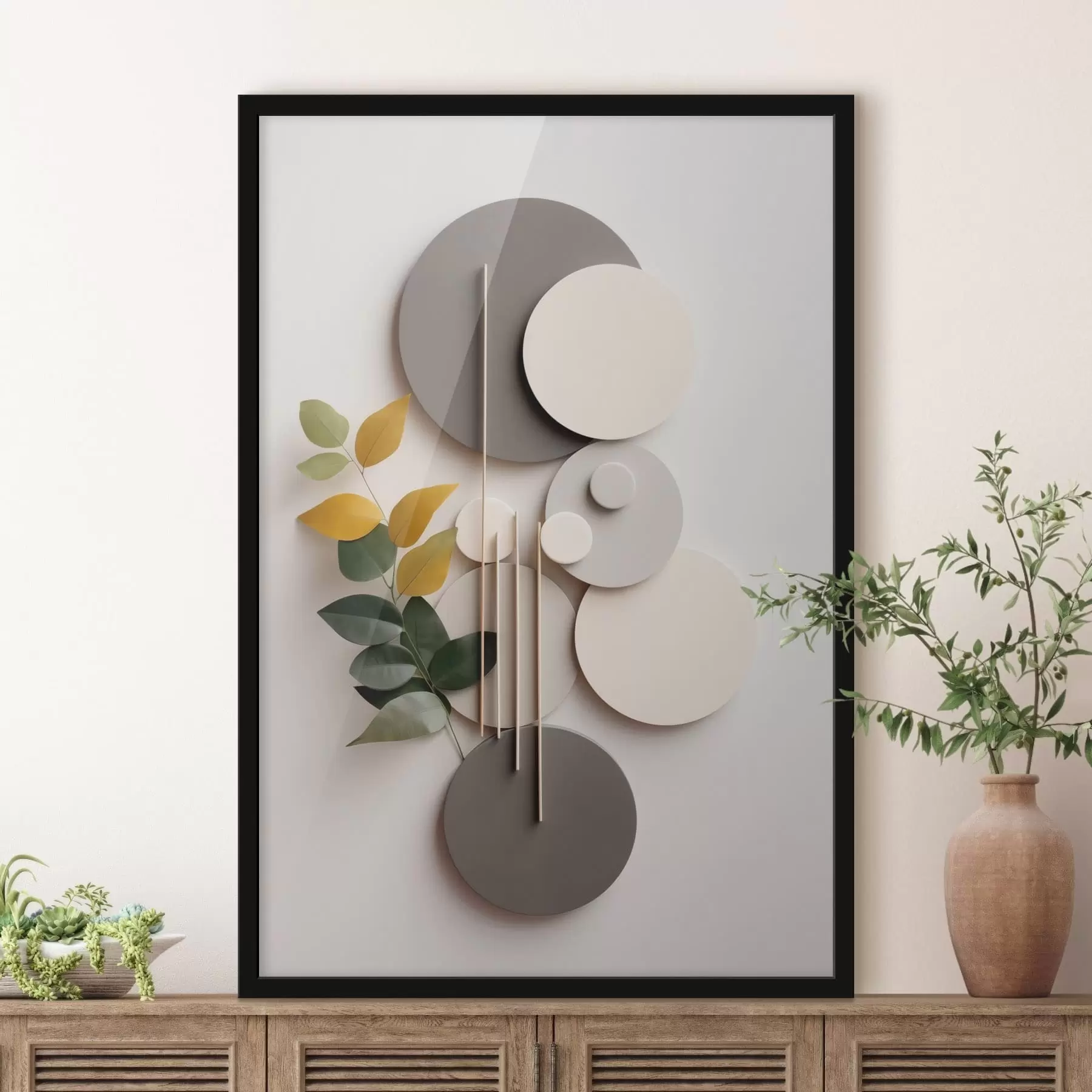 Fotobehang Geometrische cirkels met een groene, bladrijke tak f48598