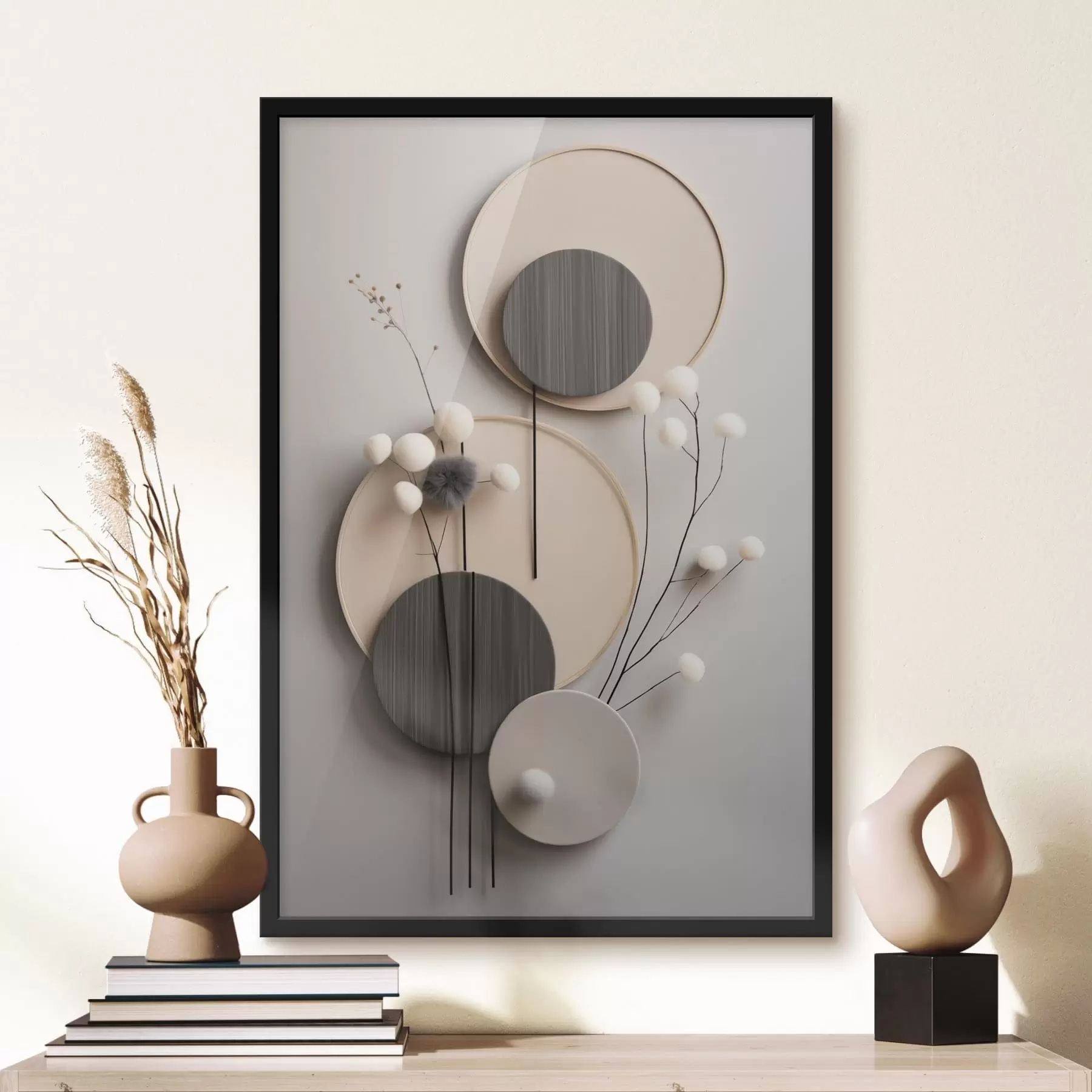 Fotobehang Ronde panelen met droge takjes en zachte balletjes f48601