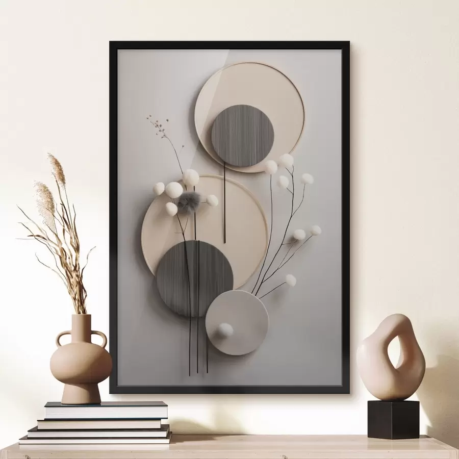 Fotobehang Ronde panelen met droge takjes en zachte balletjes f48601