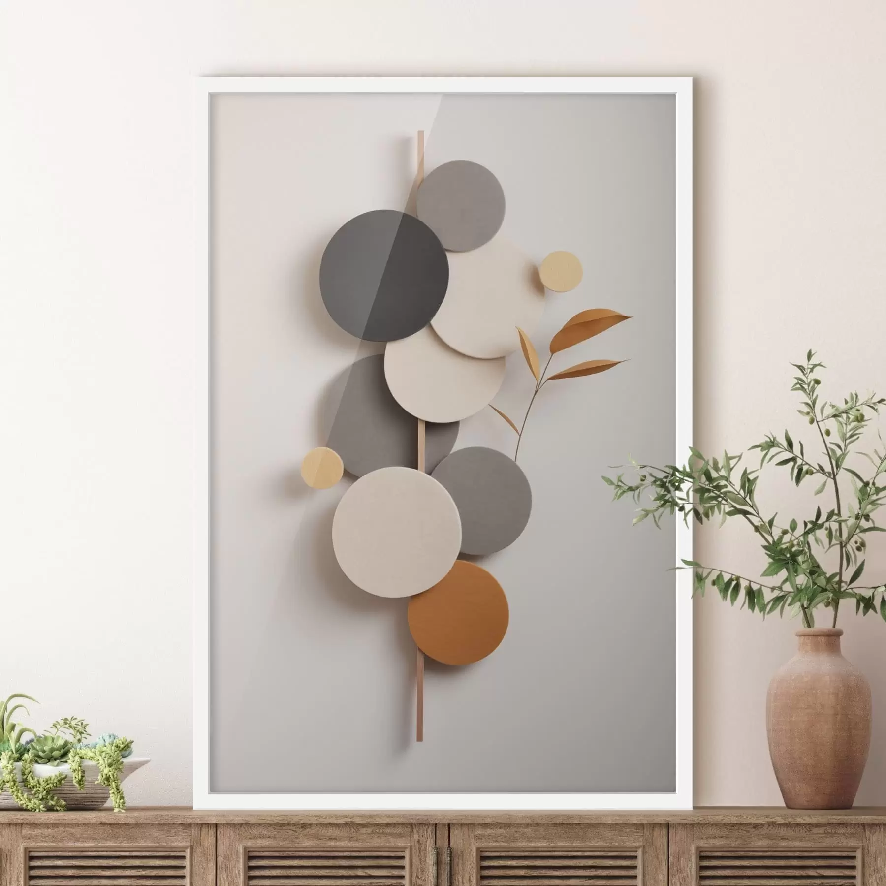 Fotobehang Abstracte cirkels met bladeren in neutrale tinten f48602