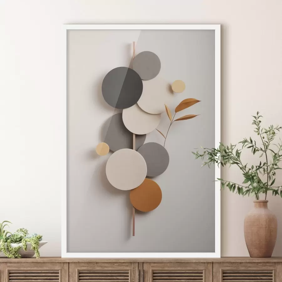 Fotobehang Abstracte cirkels met bladeren in neutrale tinten f48602