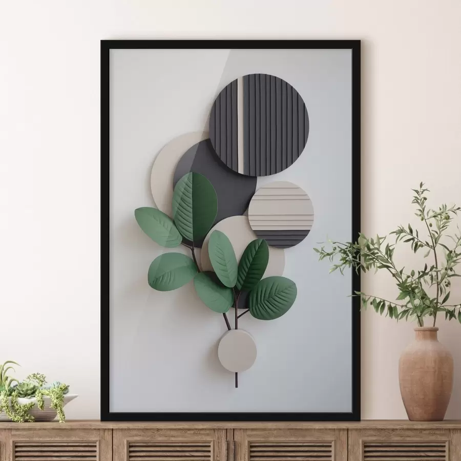 Fotobehang Groene bladeren met ronde, gestructureerde elementen f48603