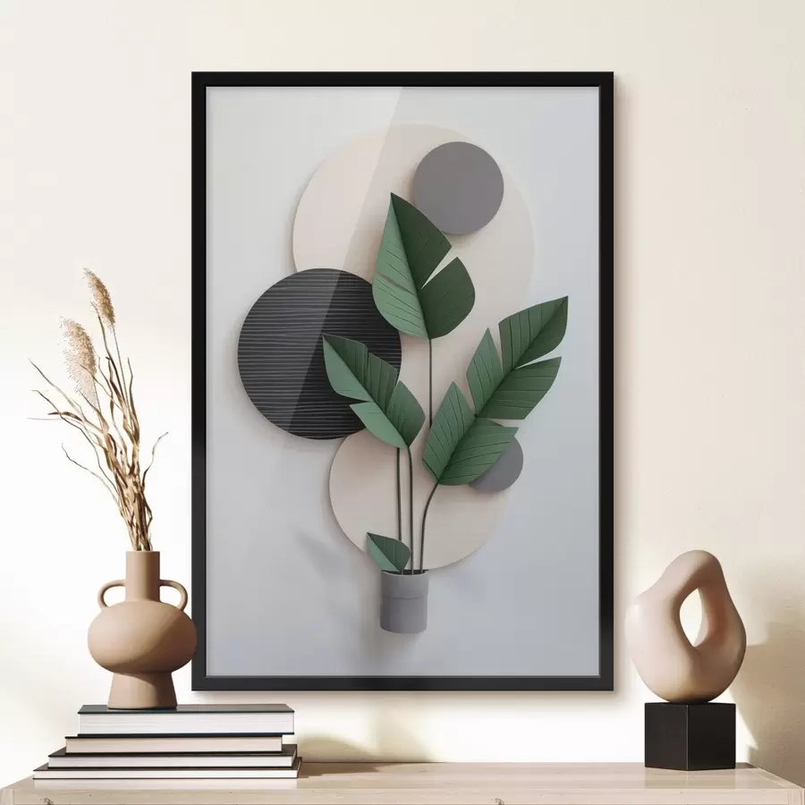 Fotobehang Minimalistische opmaak met geometrische cirkels en groene bladeren f48607