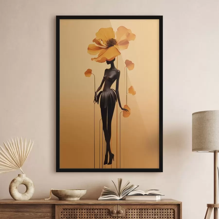 Fotobehang Elegant figuur met bloemen tegen een warme achtergrond met kleurverloop f48619