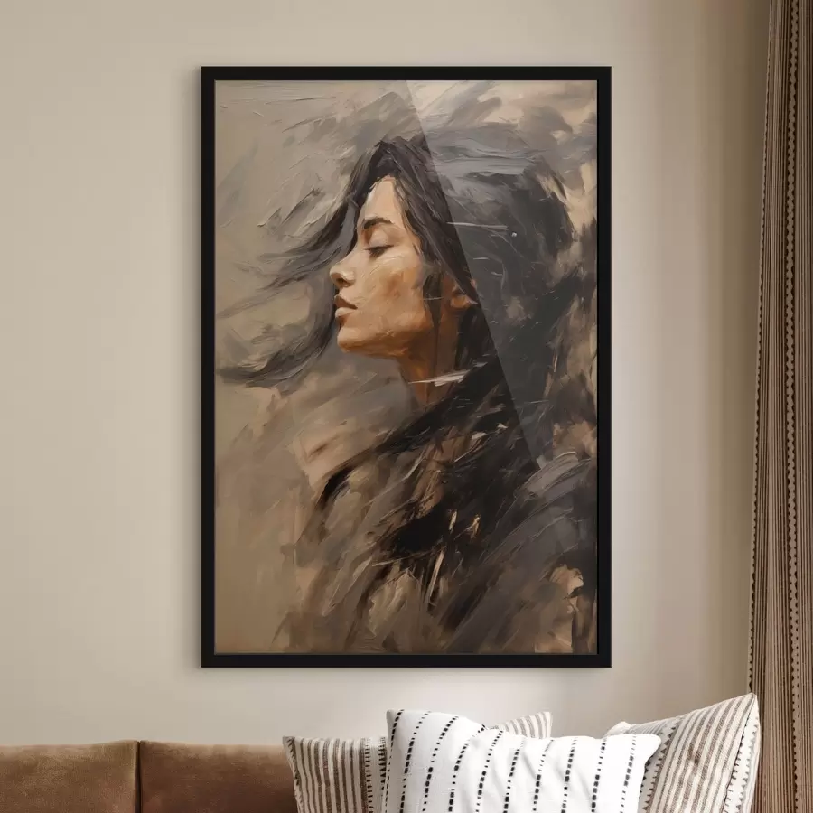 Fotobehang Vrouwelijk profiel in schilderachtige penseelstreken, warme tinten f48621