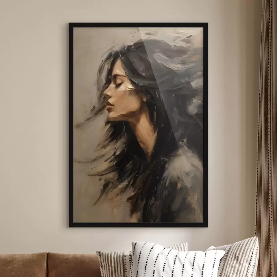 Fotobehang Portret van een vrouw met golvend haar in schilderachtige stijl f48622
