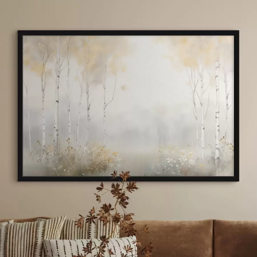 Fotobehang Een bos met dunne bomen in de mist, in zachte lichte tinten f48623