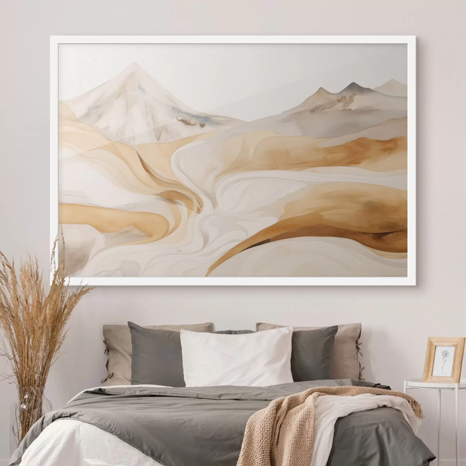 Fotobehang Gestileerd landschap met bergen en vloeiende lijnen f48626