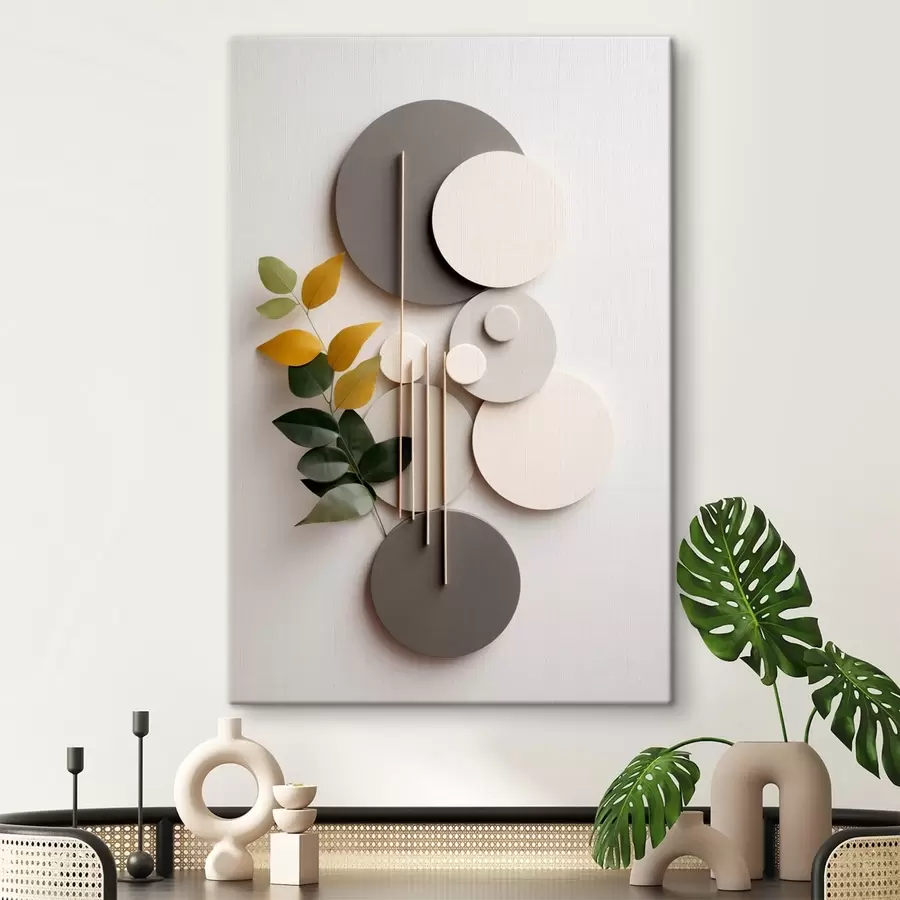  Schilderijen Geometrische cirkels met een groene, bladrijke tak s48598