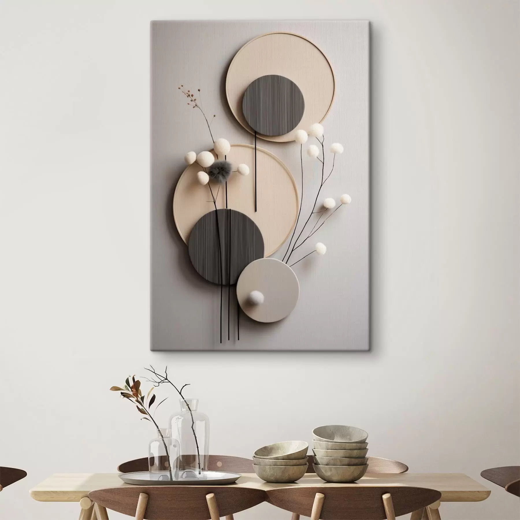 Fotobehang Ronde panelen met droge takjes en zachte balletjes s48601