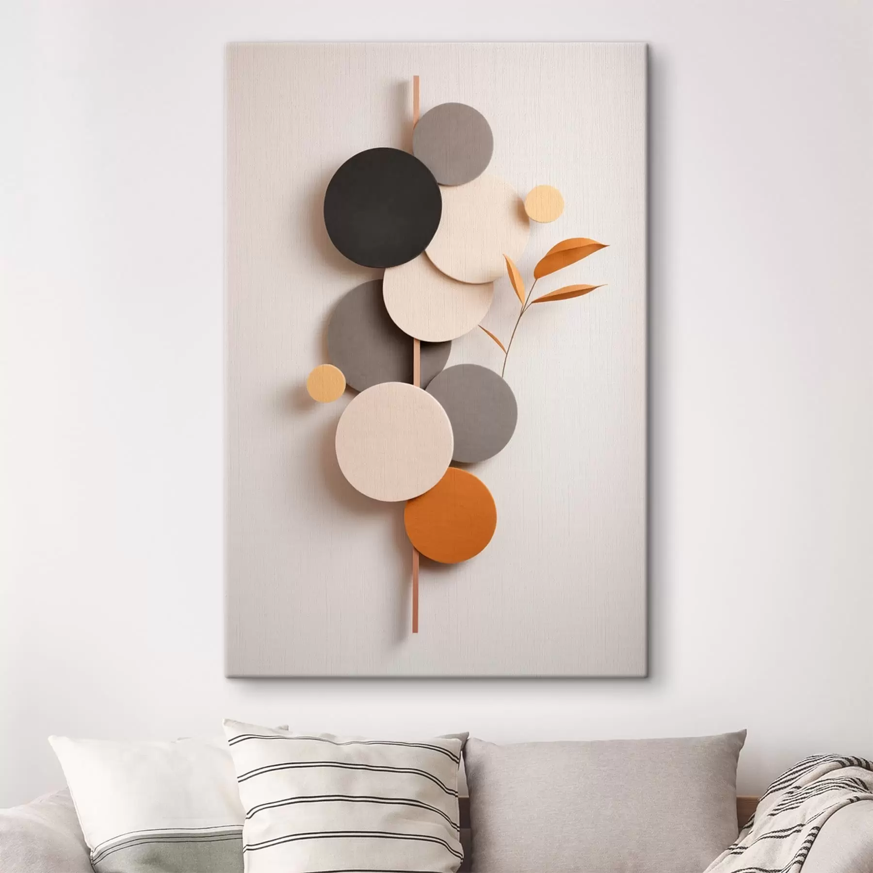 Fotobehang Abstracte cirkels met bladeren in neutrale tinten s48602