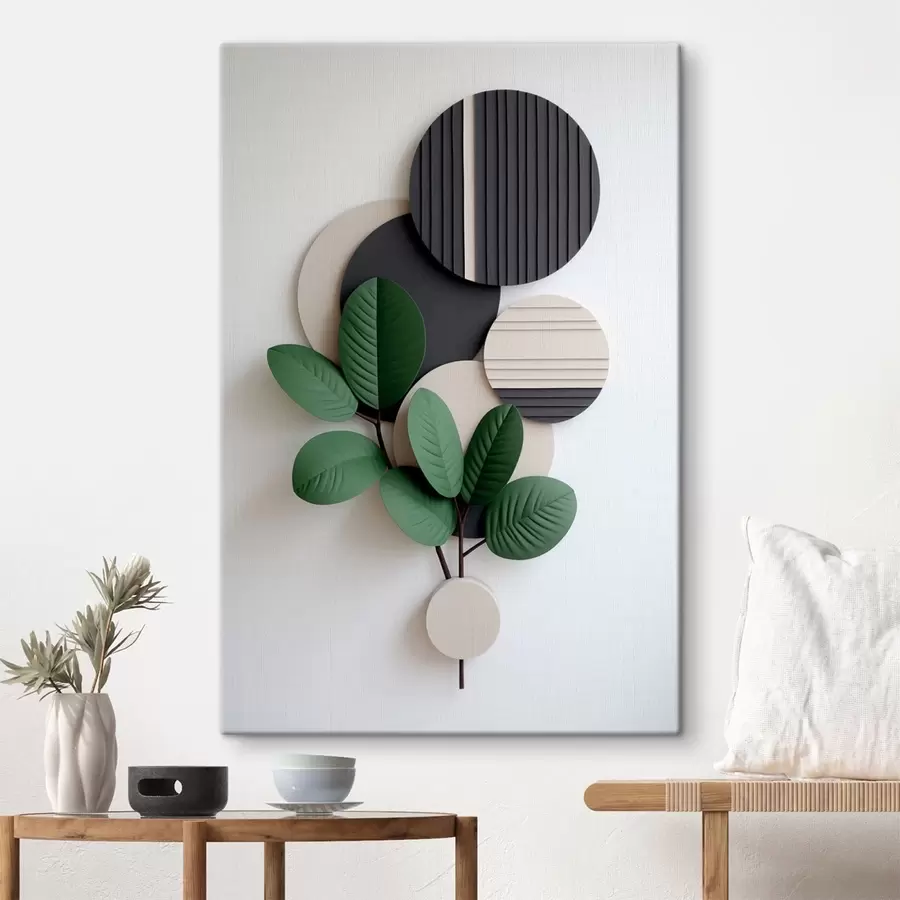  Schilderijen Groene bladeren met ronde, gestructureerde elementen s48603