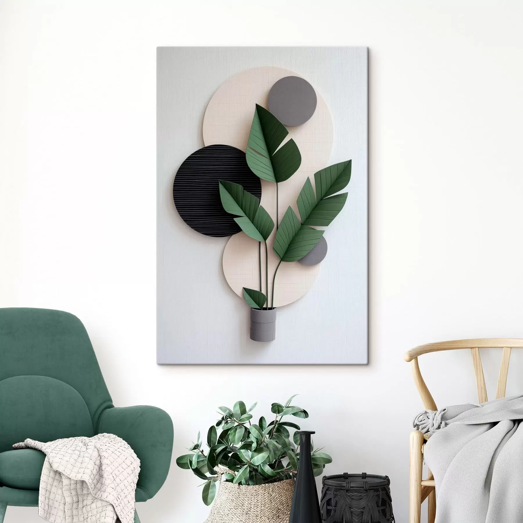 Fotobehang Minimalistische opmaak met geometrische cirkels en groene bladeren s48607