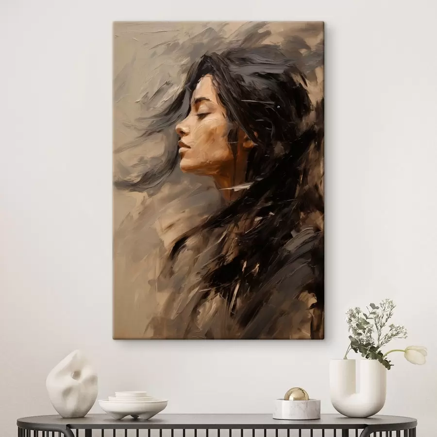  Schilderijen Vrouwelijk profiel in schilderachtige penseelstreken, warme tinten s48621