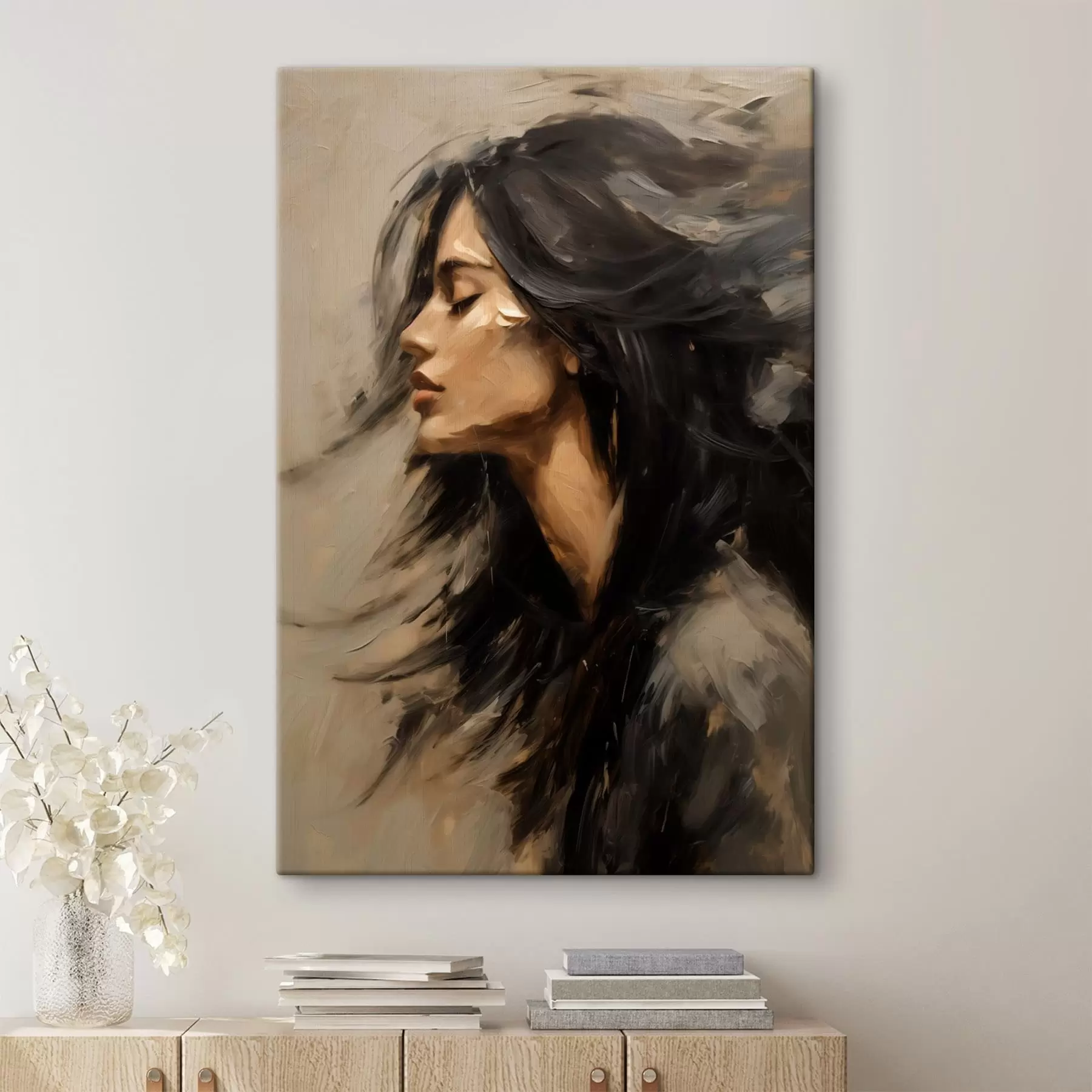 Fotobehang Portret van een vrouw met golvend haar in schilderachtige stijl s48622