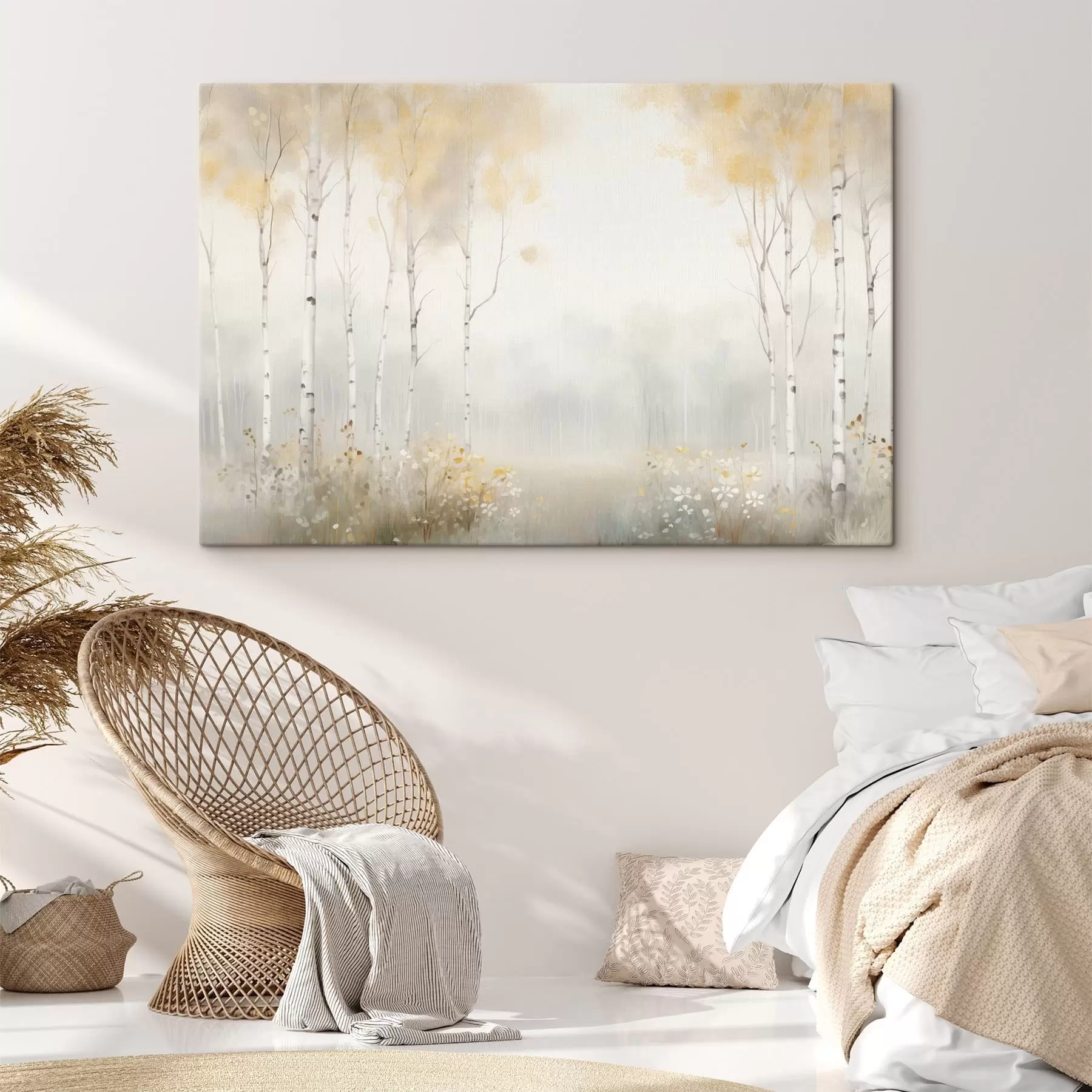  Schilderijen Een bos met dunne bomen in de mist, in zachte lichte tinten s48623