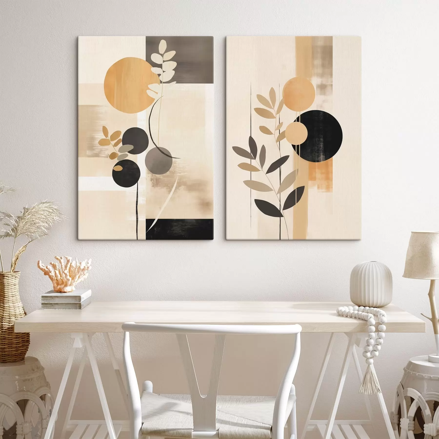 Fotobehang Abstracte kunstwerken met bladeren en cirkels m30133