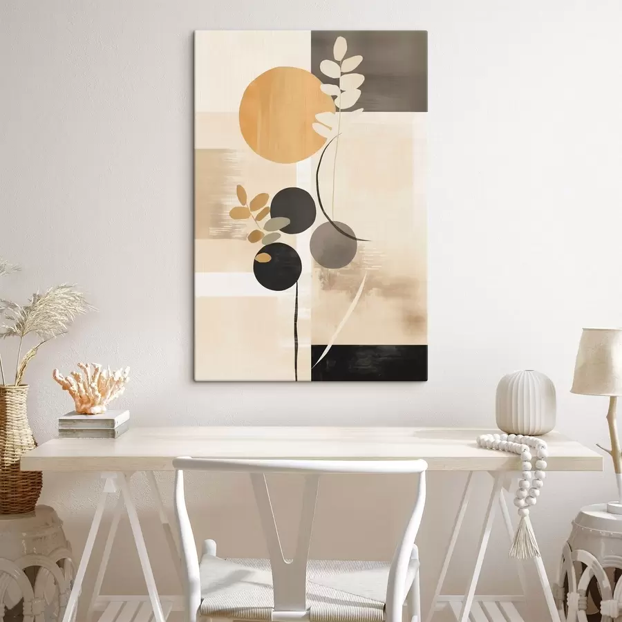  Schilderijen Een abstracte compositie met bladeren en cirkels s48612