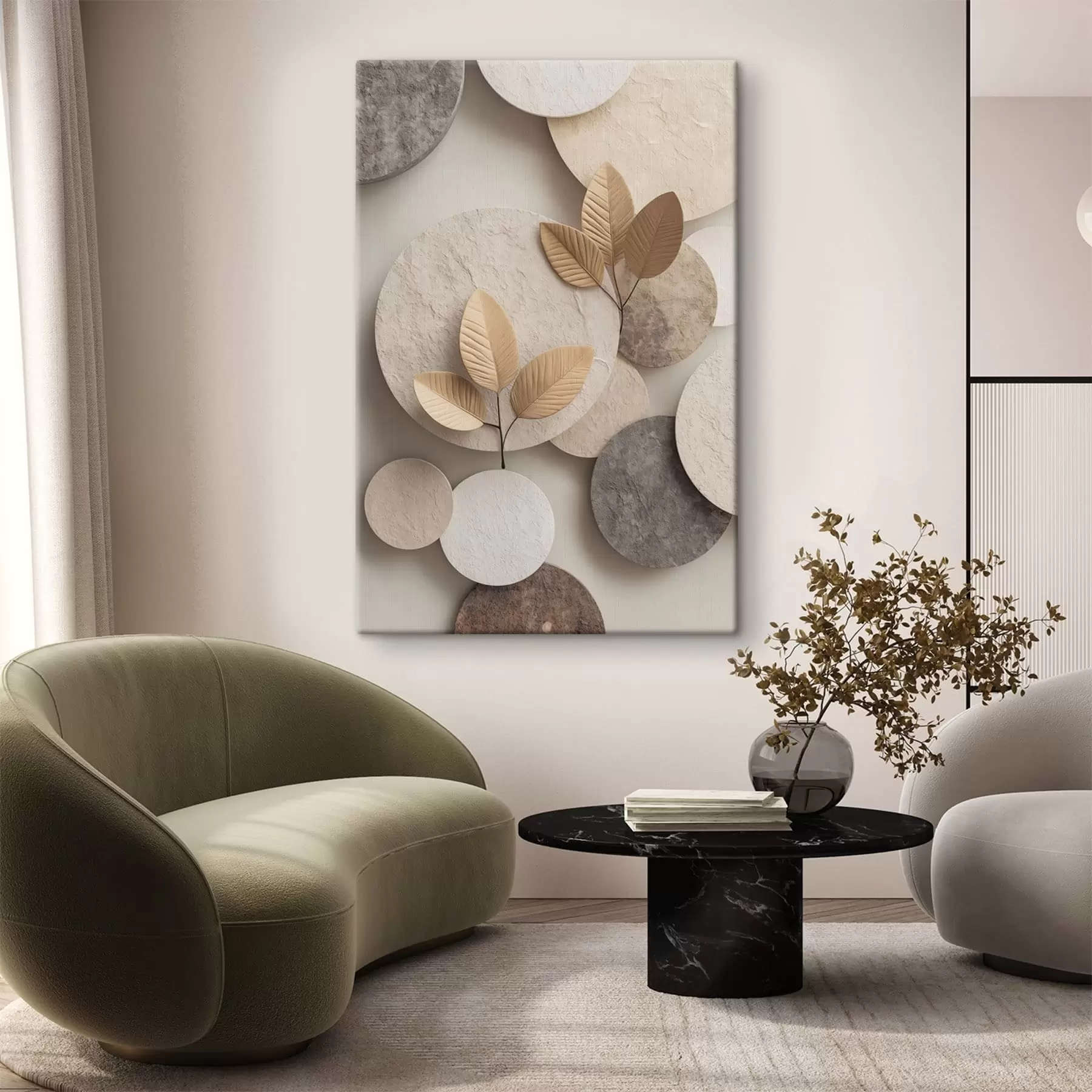 Fotobehang Een compositie met bladeren en cirkels s48692