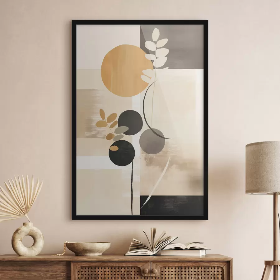 Fotobehang Een abstracte compositie met bladeren en cirkels f48612