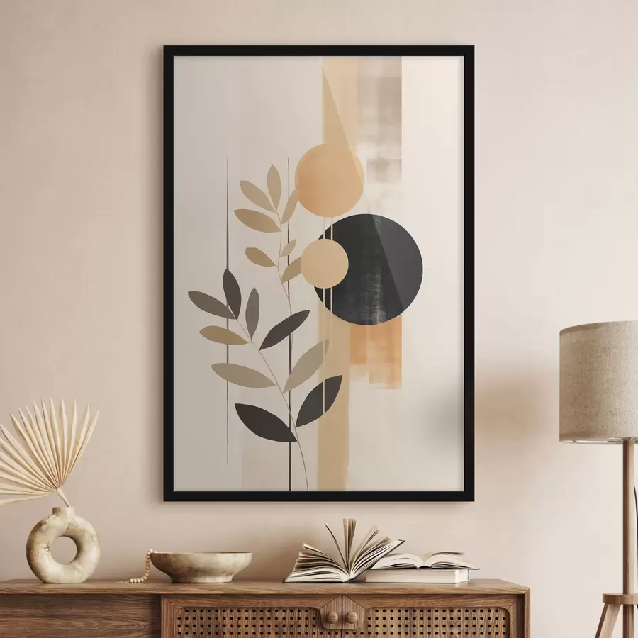 Fotobehang Een abstracte compositie met bladeren en cirkels f48613