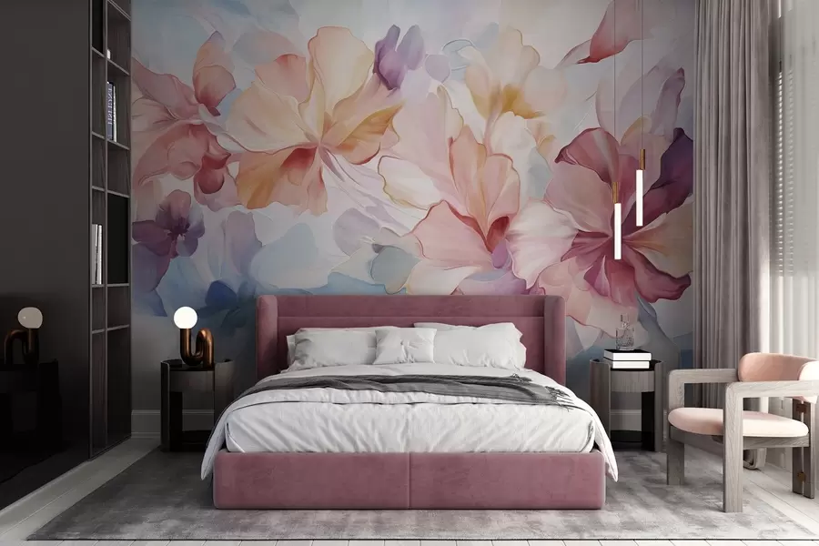 Fotobehang Abstracte fantasiebloemen in roze, perzikkleurige en lavendelkleurige tinten, uitgevoerd in een schilderachtige stijl met textuur w09767