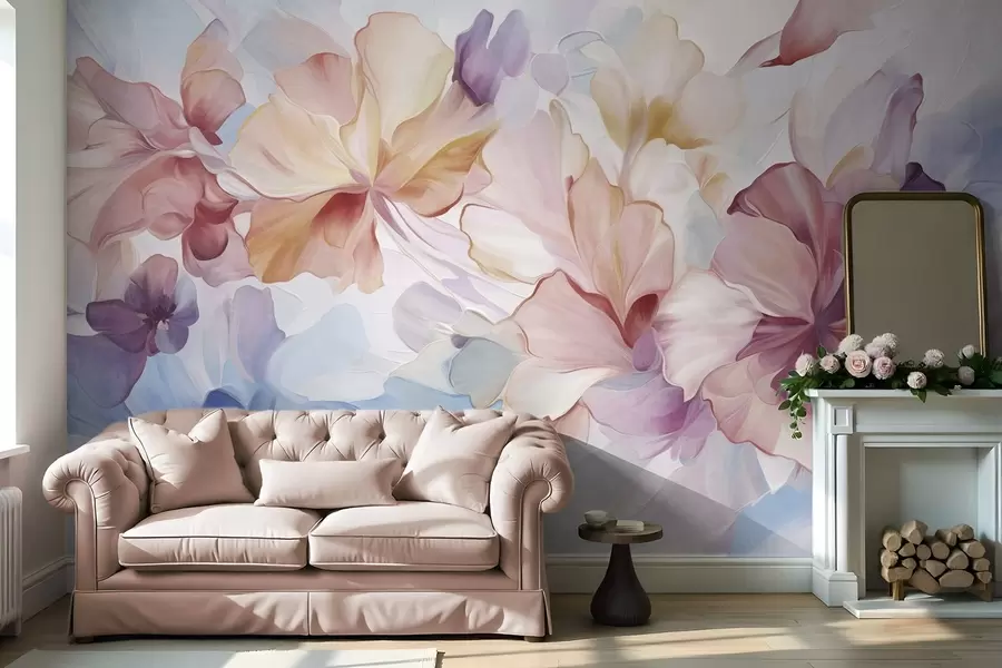 Fotobehang Abstracte fantasiebloemen in roze, perzikkleurige en lavendelkleurige tinten, uitgevoerd in een schilderachtige stijl met textuur w09767