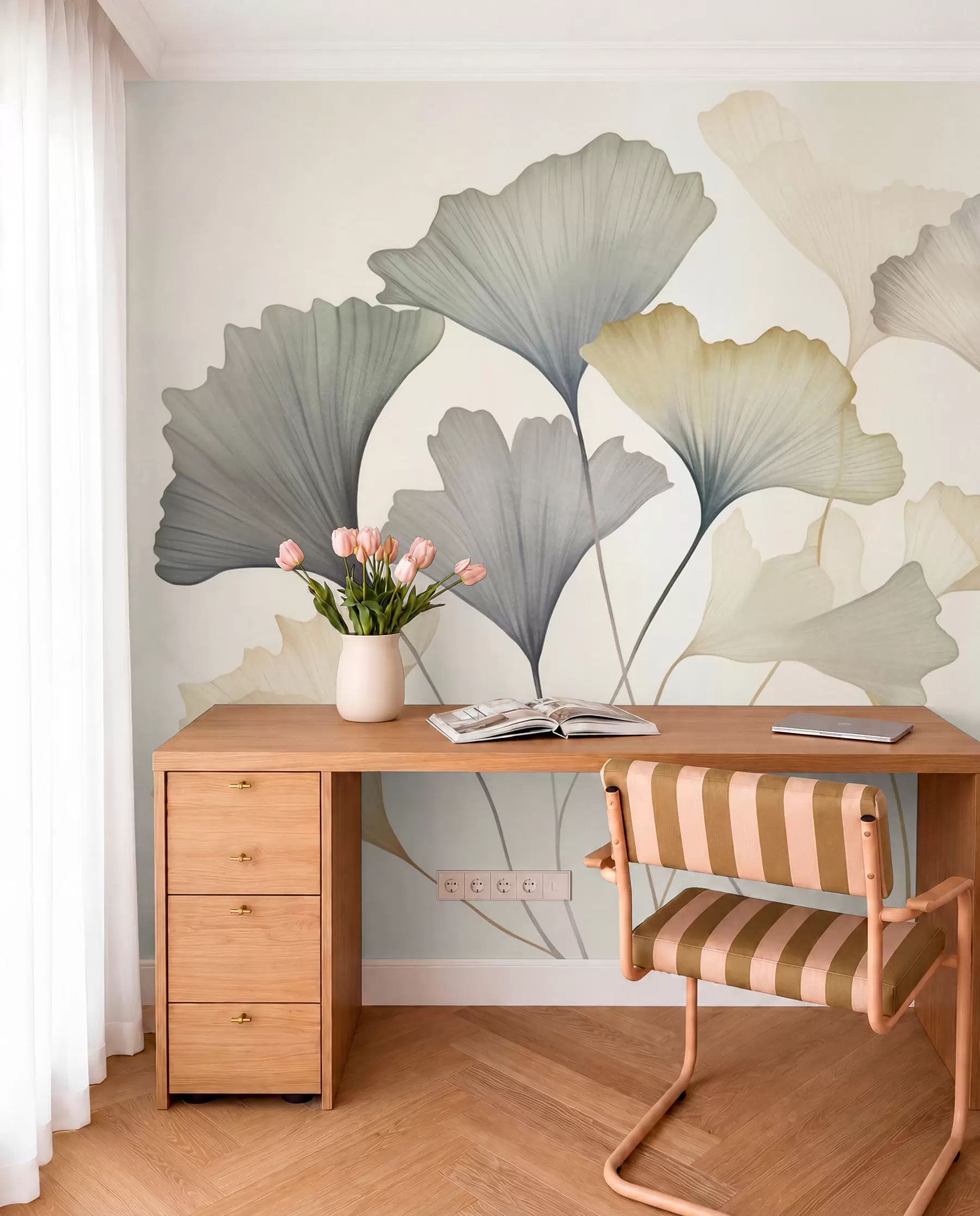 Fotobehang Abstracte ginkgobladeren in zachte pasteltinten zoals blauw, groen en perzik, kunst met textuur w09810