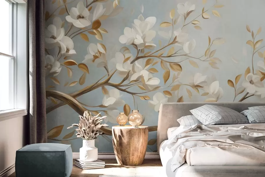 Fotobehang Een boomtak met reliëf, witte bloemen en gele bladeren, in vintage stijl w09814