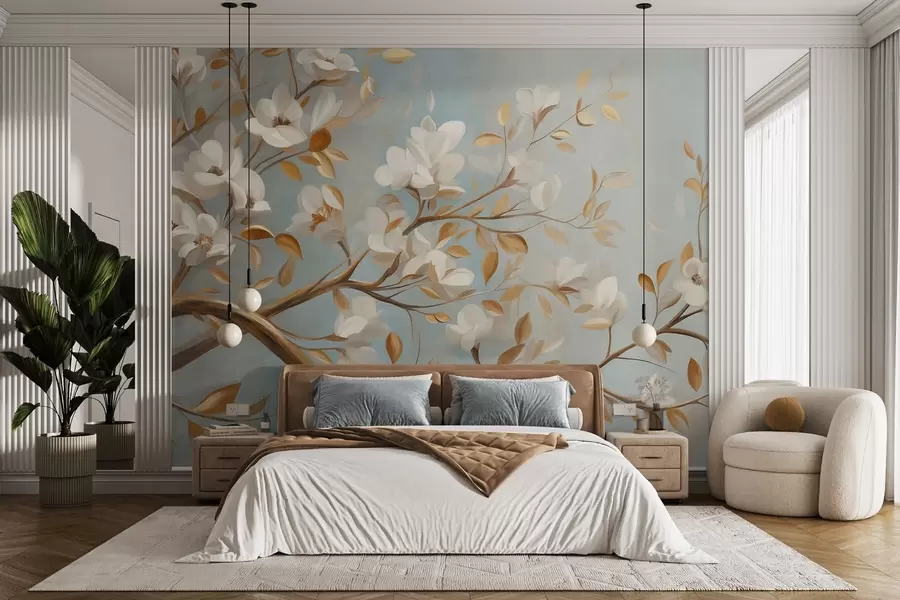 Fotobehang Een boomtak met reliëf, witte bloemen en gele bladeren, in vintage stijl w09814