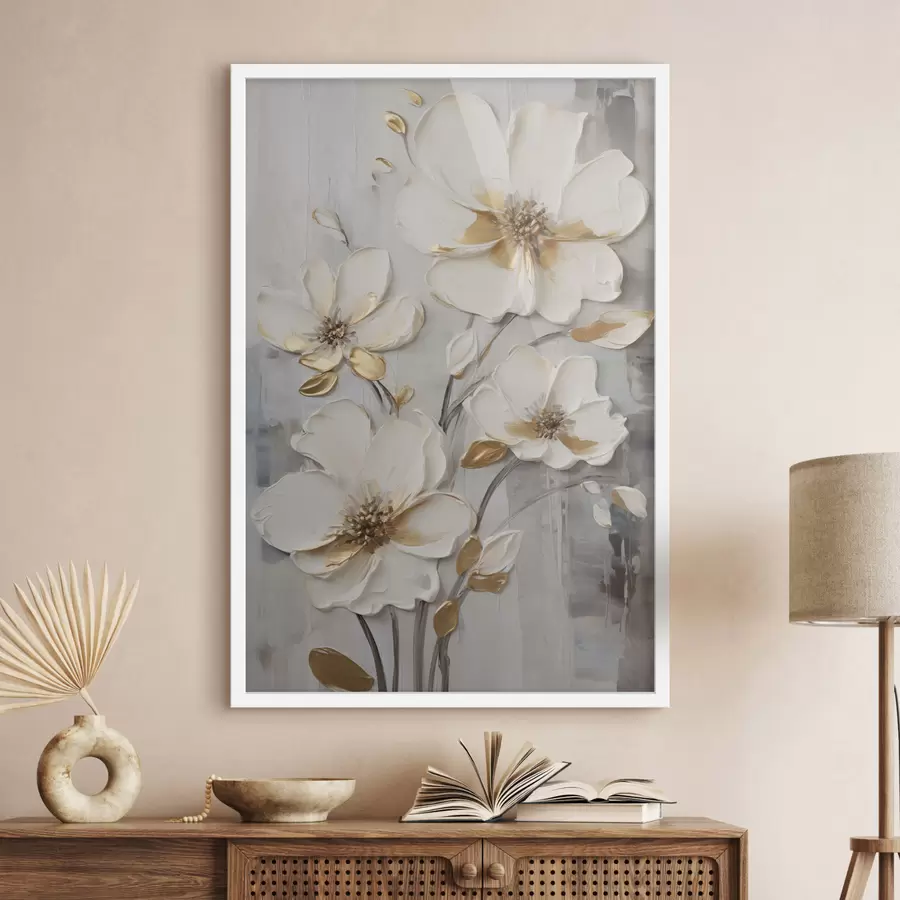 Fotobehang Witte bloemen met gele accenten op een structuurrijke achtergrond f48721