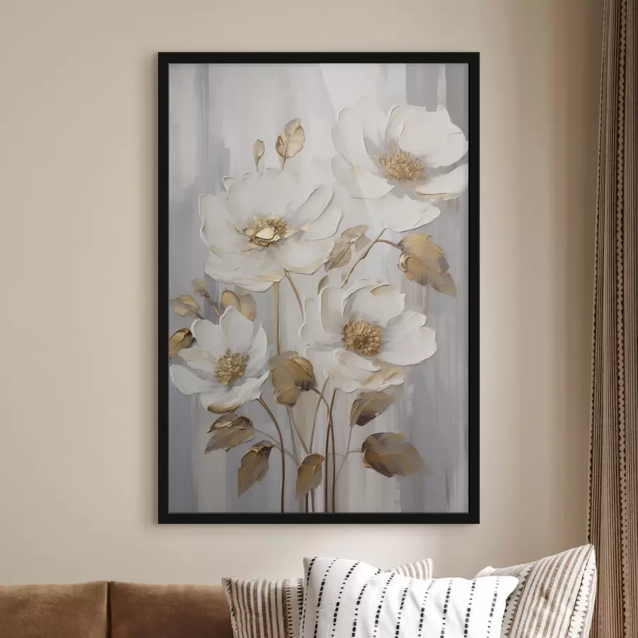 Fotobehang Witte bloemen met gele accenten op een structuurrijke achtergrond f48722