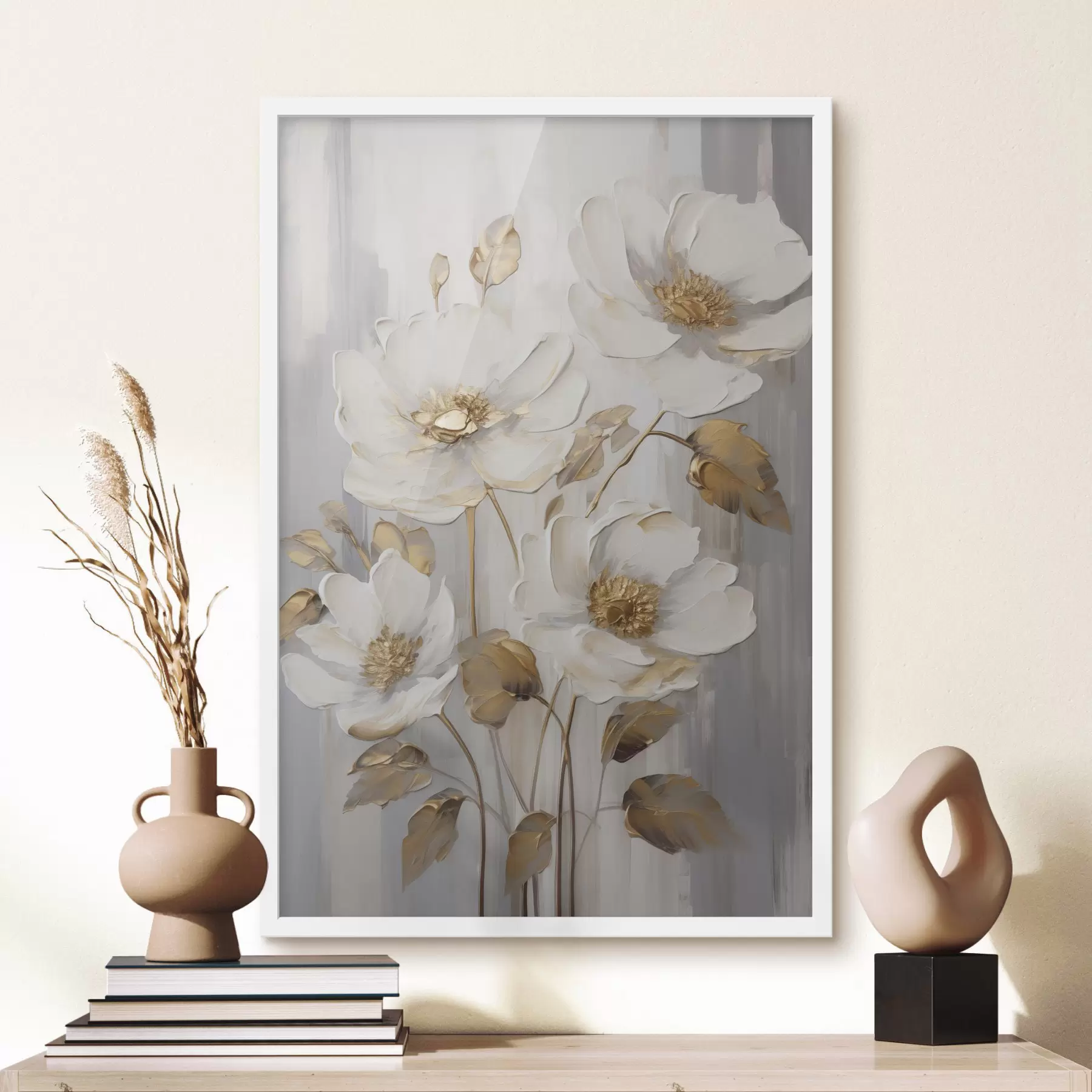 Fotobehang Witte bloemen met gele accenten op een structuurrijke achtergrond f48722