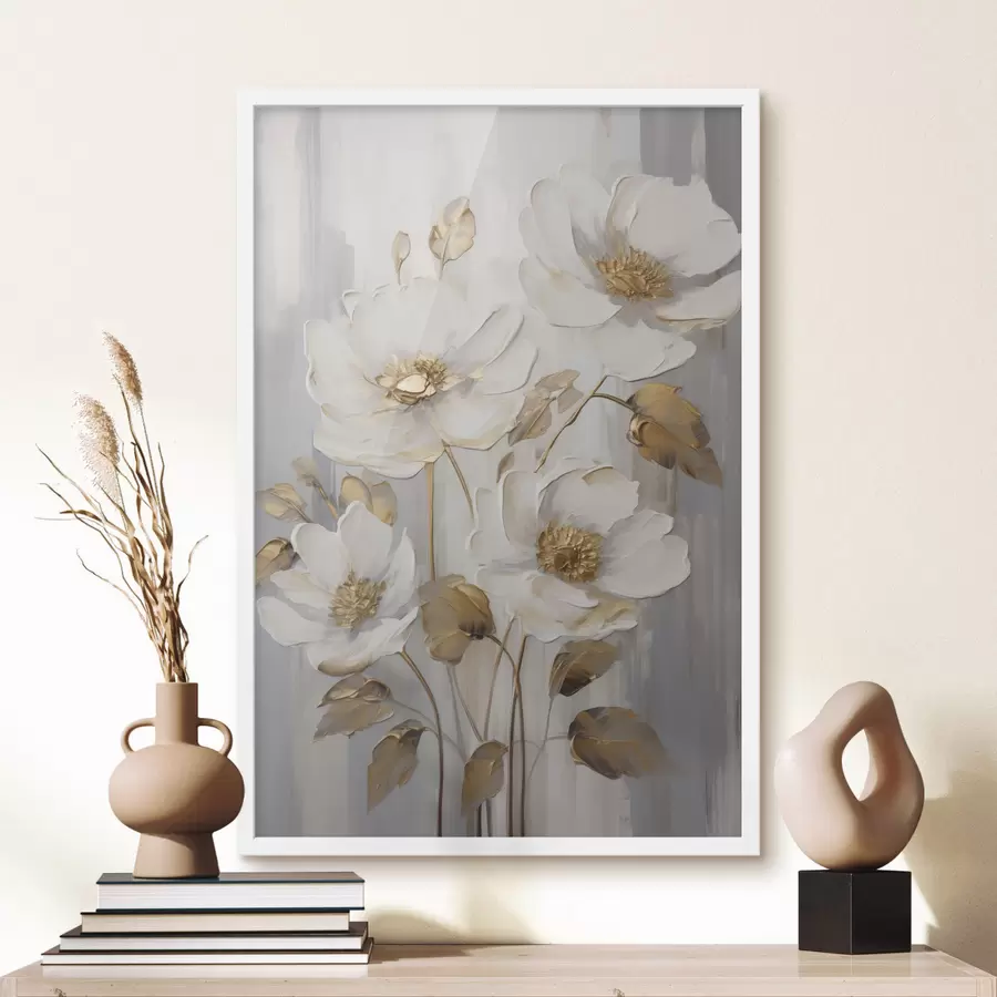 Fotobehang Witte bloemen met gele accenten op een structuurrijke achtergrond f48722