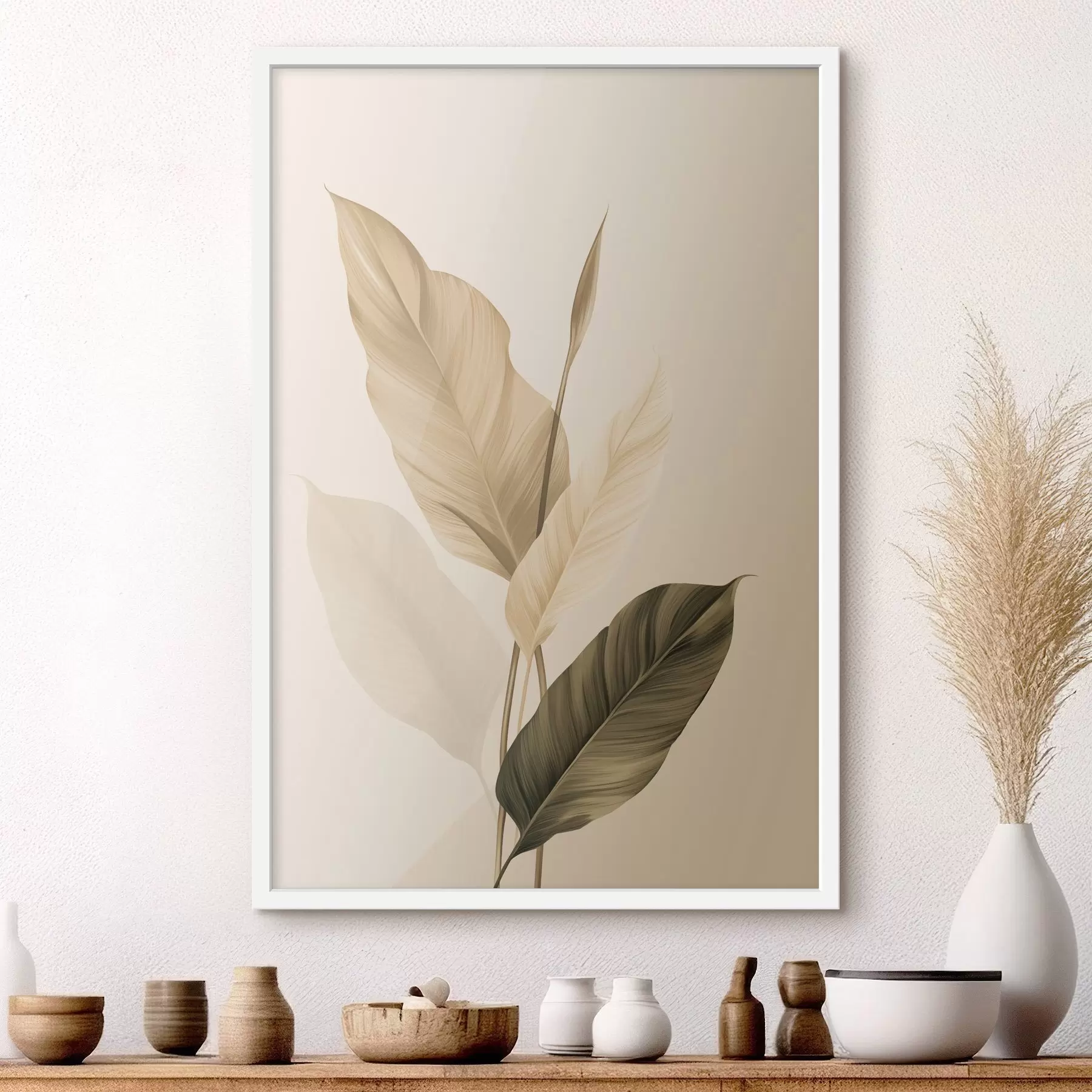Fotobehang Grote tropische bladeren in beige- en bruintinten, lichte achtergrond f48725