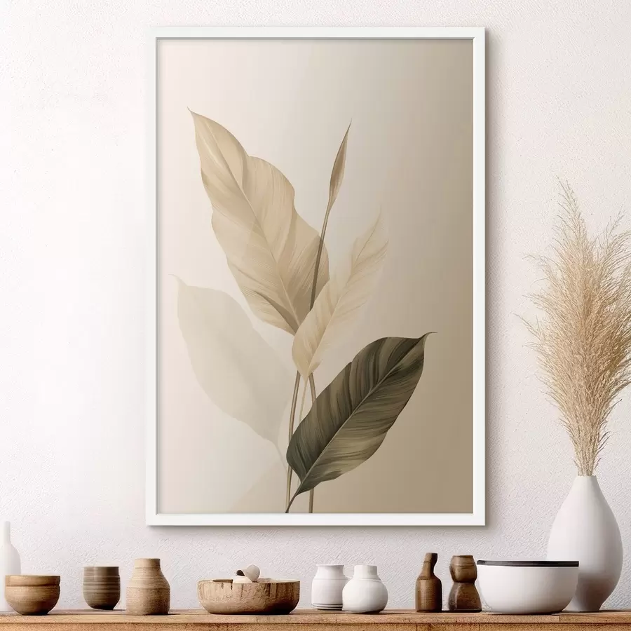 Fotobehang Grote tropische bladeren in beige- en bruintinten, lichte achtergrond f48725