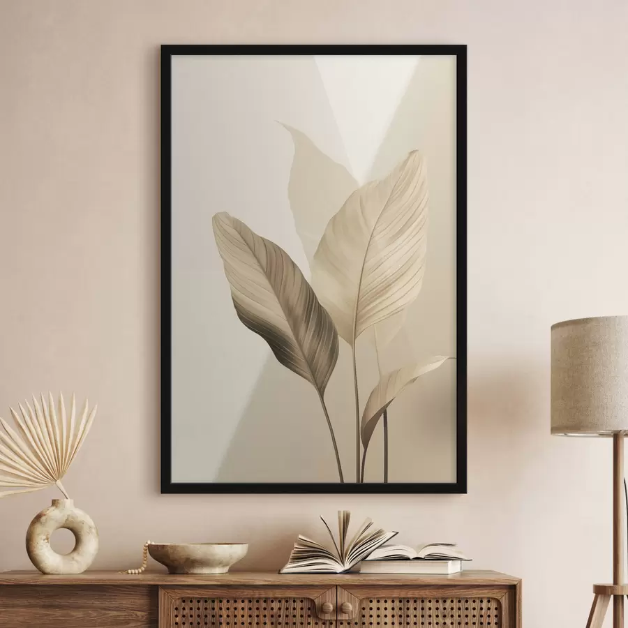 Fotobehang Grote tropische bladeren in beige- en bruintinten, lichte achtergrond f48726