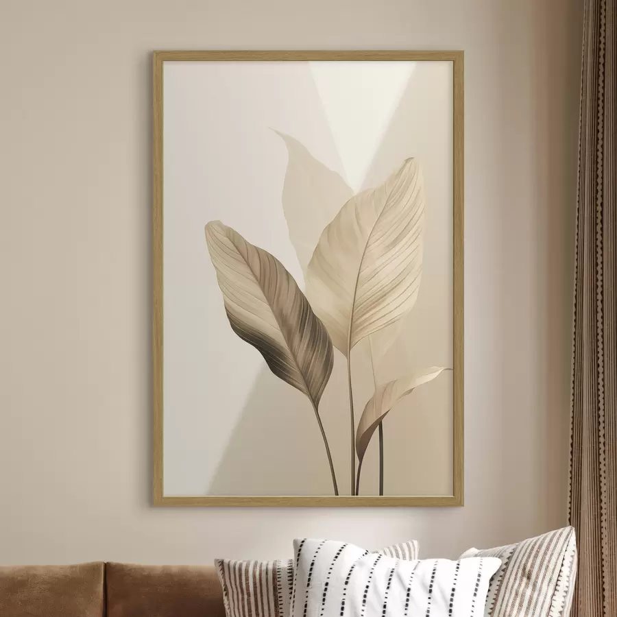 Fotobehang Grote tropische bladeren in beige- en bruintinten, lichte achtergrond f48726