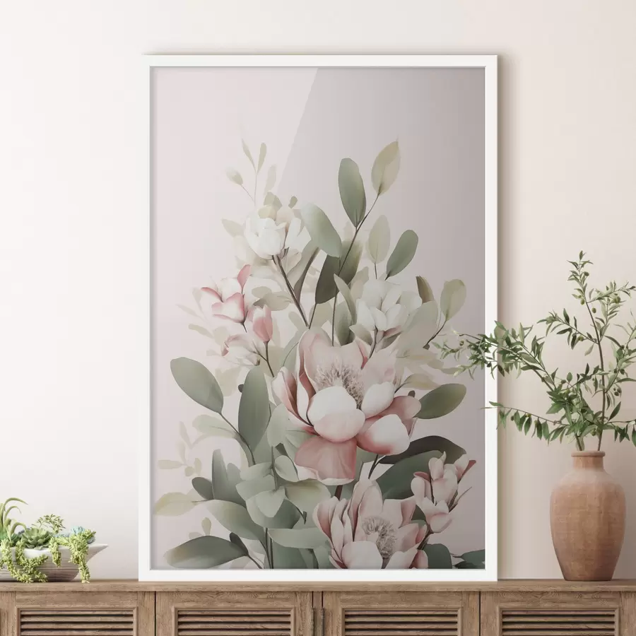 Fotobehang Een boeket pastelkleurige bloemen met eucalyptusbladeren, op een lichtroze achtergrond f48727