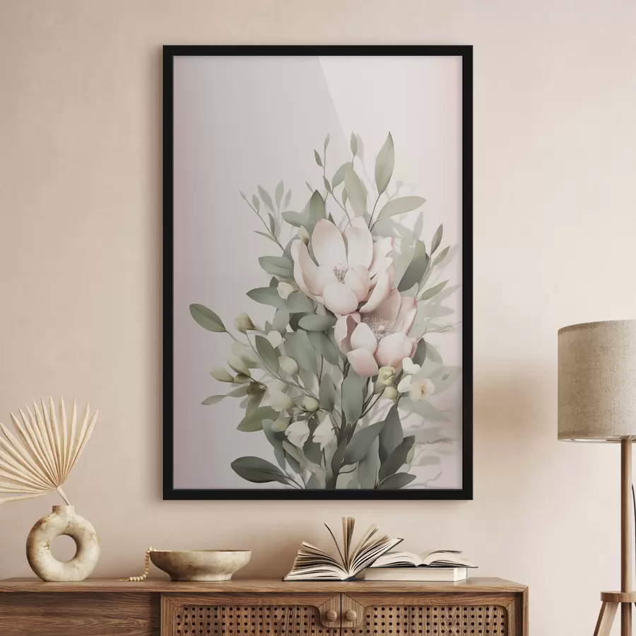 Fotobehang Een boeket pastelkleurige bloemen met eucalyptusbladeren, op een lichtroze achtergrond f48728