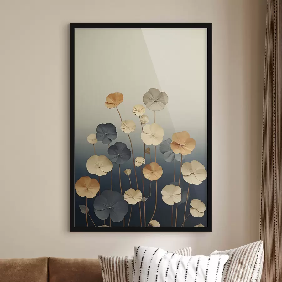 Fotobehang Waterlelieblaadjes tegen een ingetogen achtergrond van beige en donkerblauw f48733