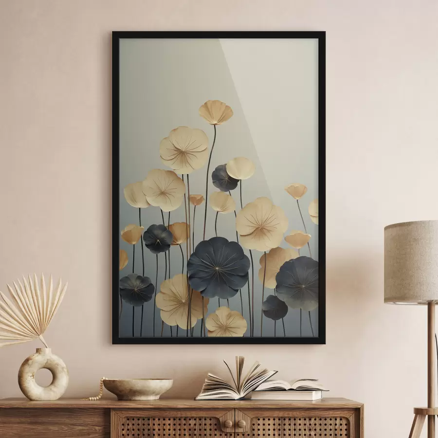 Fotobehang Waterlelieblaadjes tegen een ingetogen achtergrond van beige en donkerblauw f48734