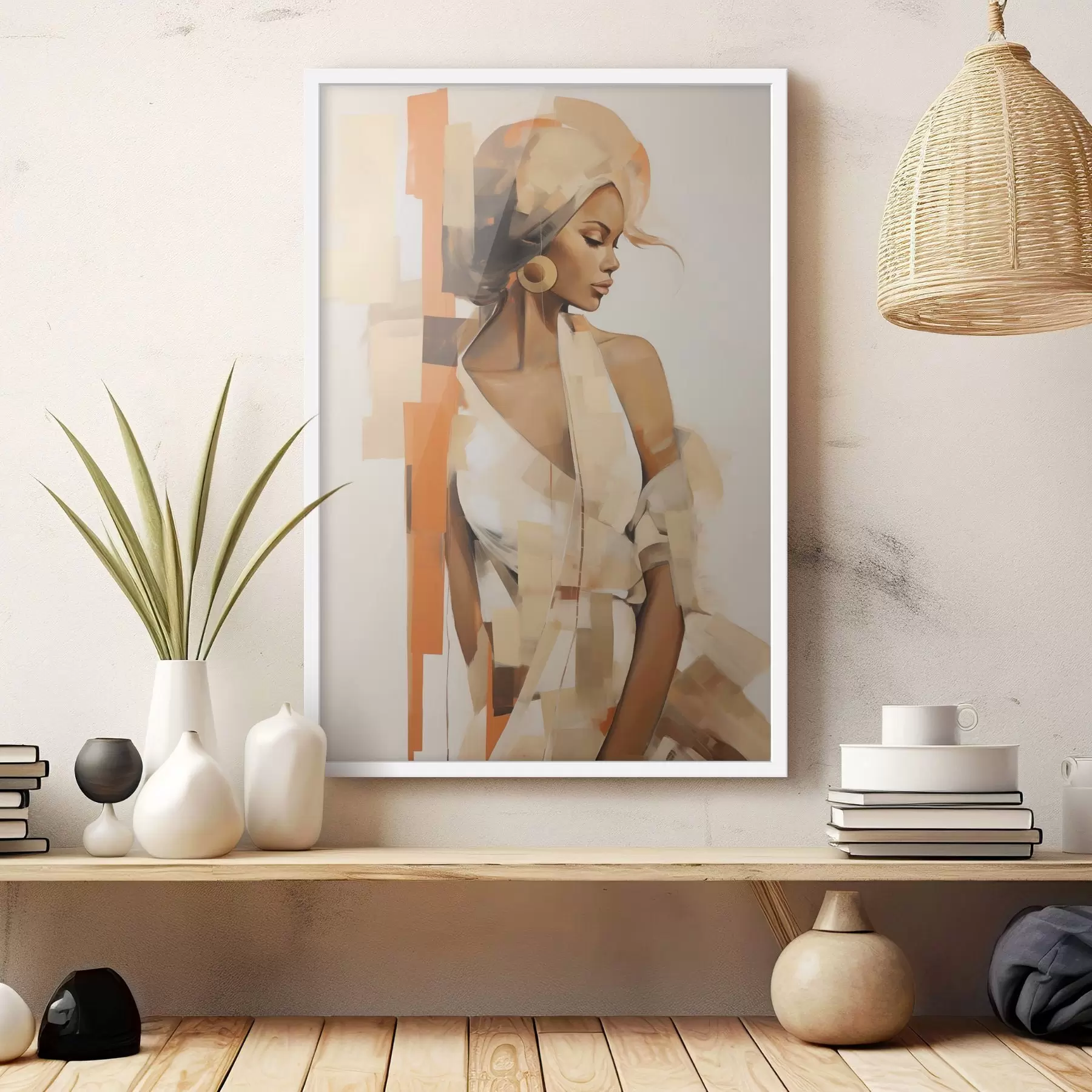 Fotobehang Abstract vrouwportret met oranje en beige vormen f48735