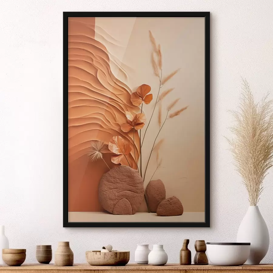 Fotobehang Een minimalistisch kunstwerk met gedroogde bloemen en pampasgras, op een achtergrond met textuur f48739