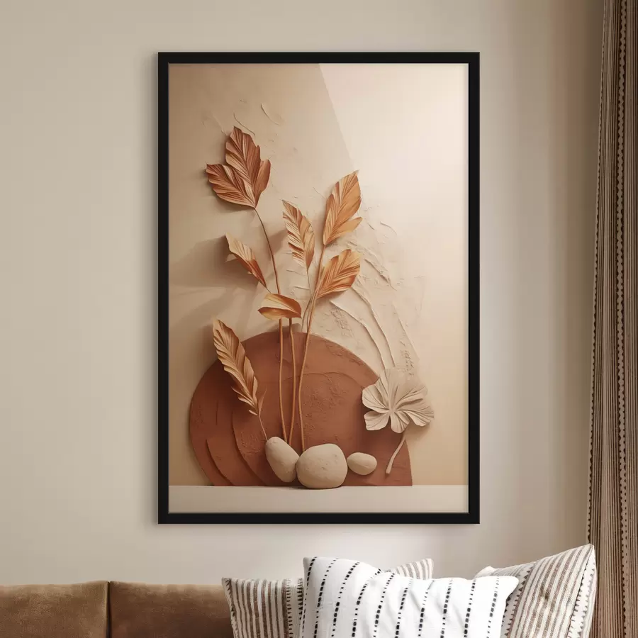 Fotobehang Een minimalistisch kunstwerk met gedroogde bloemen en pampasgras, op een achtergrond met textuur f48740