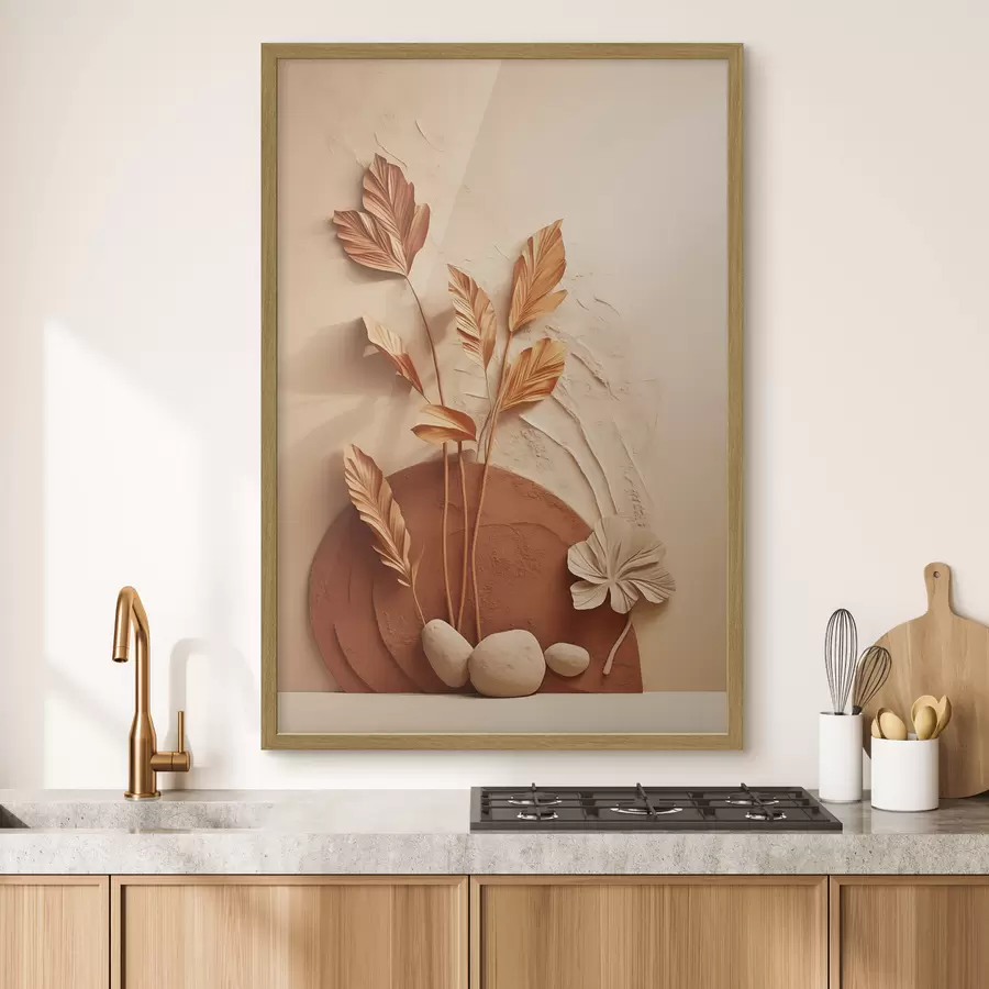 Fotobehang Een minimalistisch kunstwerk met gedroogde bloemen en pampasgras, op een achtergrond met textuur f48740