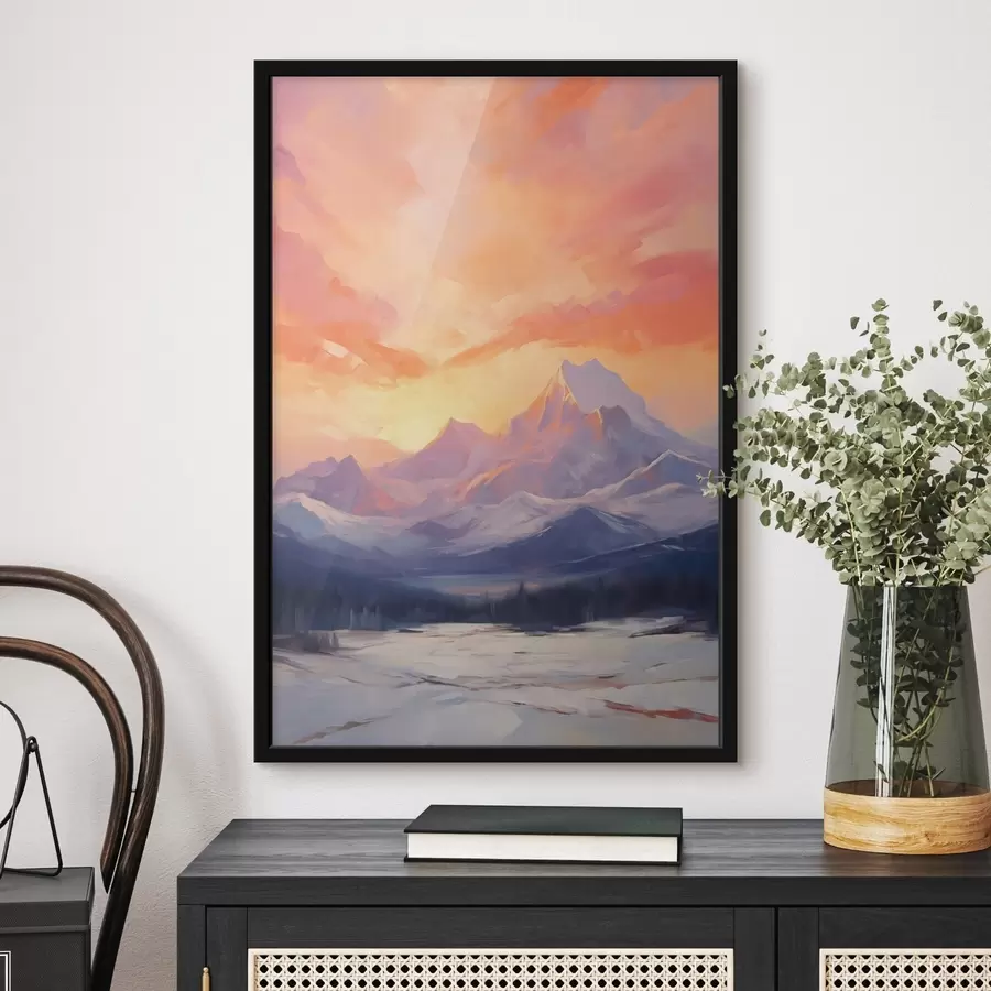 Fotobehang Met sneeuw bedekte bergen onder een levendige oranje en roze lucht met wolken f48741